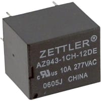 American Zettler, Inc. Miniature PC Board Relay, SPDT, 15A, 12VDC, PCB Terminal, AZ943 Series