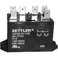 American Zettler, Inc. Power Relay, DPST-NO, 30 A, 12 VDC, QC Tab Terminal, Panel Mount, AZ2700 Series