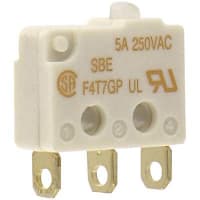 Johnson Electric Switch, Ultra-Mini, Snap Action, SPDT, N.O/N.C, Pin Plunger Act, 5A, 250VAC, Gold, Solder