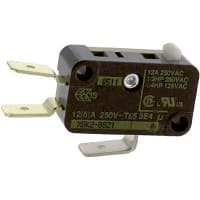 Johnson Electric Switch, Snap Action, SPDT, NO/NC, Pin Plunger Actuator, 12A, 250VAC, Faston 6.3 x 0.8