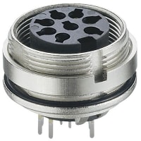 Lumberg connector, circular din, female recept, rear mount, shielding, pcb pins, 3 cont, ip68