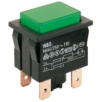 Marquardt Switches Pushbutton Switch, Illumin, DPST/ON-OFF, 16A, 230V, Green, Extend, 1660 Series