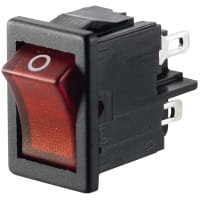 Marquardt Switches Switch, Rocker, DPST, ON-OFF, IP40, 4A, 250VAC, Illuminated, 230V, Red, O Legend, QC, 4.8