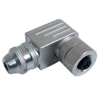 Mueller M12 Connector, 4 Pin, Female, Right Angle, Field Wireable, Nickel Plated, PG7