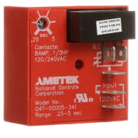 NCC Timer Relay, SPDT, On-Board Trimpot, Adjustable, 0.25-5sec, 120VAC In, Fast-On, Srfc Mt