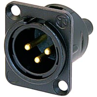 Neutrik Conn, AV, XLR, Plug, 3 Cont, Pnl Mnt, Uninsulated, DL Series, Screw, Black, Gold, 3A, 50V