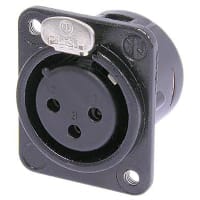 Neutrik Receptacle; DL1 series; 3 pin; female; solder; black/silver; M3 mounting holes