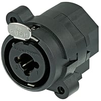 Neutrik Conn, AV, XLR, Jack, 3 Cont, Sz 1/4", Pnl Mnt, Rt. Ang, Uninsulated, Combo Series, 7.5A