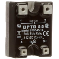 Opto 22 Relay, AC Switching, 45 A, Solid-State, 3 VDC (Pick-up), 1 VDC (Drop-out)