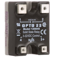 Opto 22 Relay, AC Switching, 45 A, Solid-State, 3 VDC (Pick-up), 1 VDC (Drop-out)