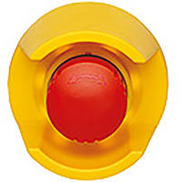 Pilz PITestop E-STOP pushbutton IP65, illuminated, with protective collar and logo.