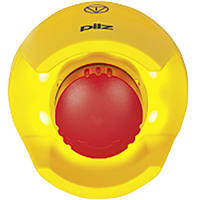 Pilz PITestop E-STOP pushbutton IP65, illuminated, with protective collar and logo.