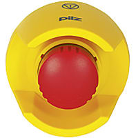 Pilz PITestop E-STOP pushbutton IP65, with protective collar and logo.