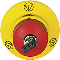 Pilz PITestop E-STOP pushbutton IP65, with E-STOP symbol and logo.