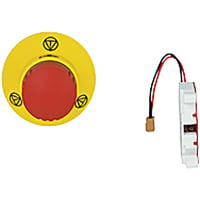 Pilz PITestop E-STOP pushbutton IP65, illuminated with E-STOP symbol and with logo.