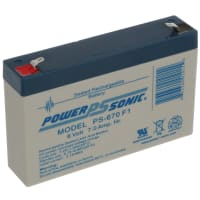 Power Sonic Battery, Rechargeable, Rectangular, Lead Acid, 6VDC, 7Ah, Quick Disconnect: 0.187, PS