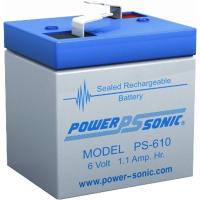 Power Sonic Battery, Rechargeable, Rectangular, Lead Acid, 6VDC, 1.1Ah, Quick Disconnect: 0.187, PS