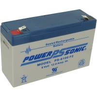 Power Sonic Battery, Rechargeable, Rectangular, Lead Acid, 6VDC, 12Ah, Quick Disconnect: 0.25, PS