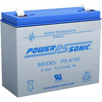 Power Sonic Battery, Rechargeable, Rectangular, Lead Acid, 4VDC, 10Ah, Quick Disconnect: 0.187, SLA