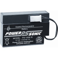 Power Sonic Battery, Rechargeable, Rectangular, Lead Acid, 12VDC, 800mAh, Connector, SLA Series