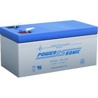 Power Sonic Battery, Rechargeable, Rectangular, Lead Acid, 12VDC, 3.4Ah, Quick Disconnect: 0.187