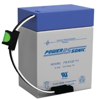 Power Sonic Battery, Rechargeable, Rectangular, Lead Acid, 6VDC, 13Ah, Connector, PS Series