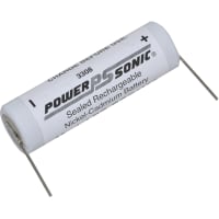 Power Sonic Battery, Rechargeable, Cylindrical, Nickel-Cadmium, 3.6 VDC, 110mAh, Thru-Hole, PS