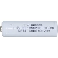 Power Sonic Battery, Rechargeable, AA, Nickel-Cadmium, 1.2VDC, 850mAh, Button Top, PS Series