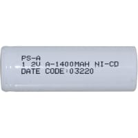 Power Sonic Battery, Rechargeable, A, Nickel-Cadmium, 1.2VDC, 1.4Ah, Flat Top, PS Series