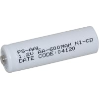 Power Sonic Battery, Rechargeable, AA, Nickel-Cadmium, 1.2VDC, 600mAh, Button Top, PS Series