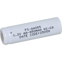 Power Sonic Battery, Rechargeable, AA, Nickel-Cadmium, 1.2VDC, 850mAh, Flat Top, PS Series