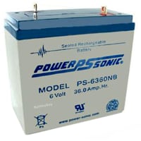 Power Sonic Battery, Rechargeable, Rectangular, Lead Acid, 6VDC, 36Ah, Bolt Fastened, PS Series