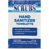 SCRUBS Hand Sanitizer Towelette, One Wipe Per Packet, 8"x5.5", Clear, Box of 100