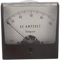 Simpson Panel Meter, Ammeter, E-mech, Analog, Range 0-100AAC, Stud, Dim 2.47"Lx2.47"H, Plastic