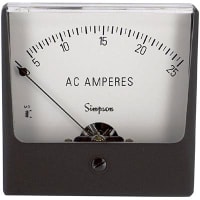 Simpson Panel Meter, Ammeter, E-mech, Analog, Range 0-25AAC, Stud, Dim 3.25"Lx3.25"H, Plastic