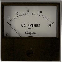 Simpson Panel Meter, Ammeter, E-mech, Analog, Range 0-25AAC, Stud, Dim 2.38"LX2.34"H, Plastic