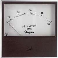 Simpson Panel Meter, Ammeter, E-mech, Analog, Range 0-50AAC, Stud, Dim 3"Lx3"H, Plastic