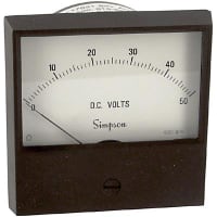 Simpson Panel Meter, Volt, E-mech, Analog, Range 0-50VDC, Stud, Dim 3"LX3"H, Plastic