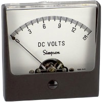 Simpson Panel Meter, Volt, E-mech, Analog, Range 0-15VDC, Stud, Dim 2.47"LX2.47"H, Plastic