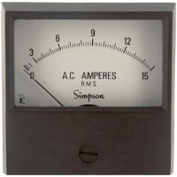 Simpson Panel Meter, Ammeter, E-mech, Analog, Range 0-15AAC, Stud, Dim 2.38"Lx2.34"H, Plastic