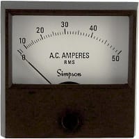 Simpson Panel Meter, Ammeter, E-mech, Analog, Range 0-50AAC, Stud, Dim 2.38"Lx2.34"H, Plastic