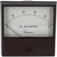 Simpson Panel Meter, Ammeter, E-mech, Analog, Range 0-50mADC, Stud, Dim 3"Lx3"H, Plastic