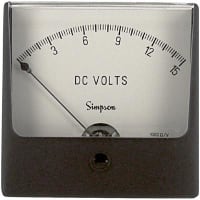 Simpson Panel Meter, Volt, E-mech, Analog, Range 0-15VDC, Stud, Dim 3.25"LX3.25"H, Plastic