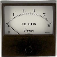 Simpson Panel Meter, Volt, E-mech, Analog, Range 0-15VDC, Stud, Dim 2.38"Lx2.34"H, Plastic