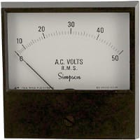 Simpson Panel Meter, Volt, E-mech, Analog, Range 0-25VAC, Stud, Dim 3"Lx3"H, Plastic, Accy +/-2%