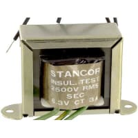 Stancor Transformer, Power, Config Bobbin, 1, Freq 50/60Hz, Pri 117VAC, Sec 6.3 (CT)VAC