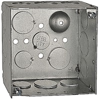 Steel City by ABB Square Box, 4"Sq x 2-1/8"D, 1/2" and 3/4"Knockouts, Galvanized Steel