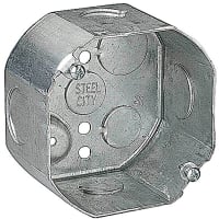 Steel City by ABB Octagon Box, 4"Dia x 2-1/8"D, 1"and 3/4" Knockouts, Pre-Galvanized Steel