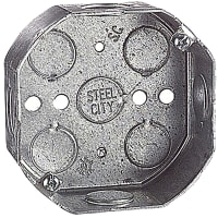 Steel City by ABB Octagon Box, 4" Dia x 1-1/2" Deep, 1/2" and 3/4" Knockouts, Pre-Galvanized