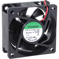 Sunon Fans DC Fan, 24V, 60x60x25mm, 23.5CFM, 1.8W, 34.5dBA, 4500RPM, Wire Leads